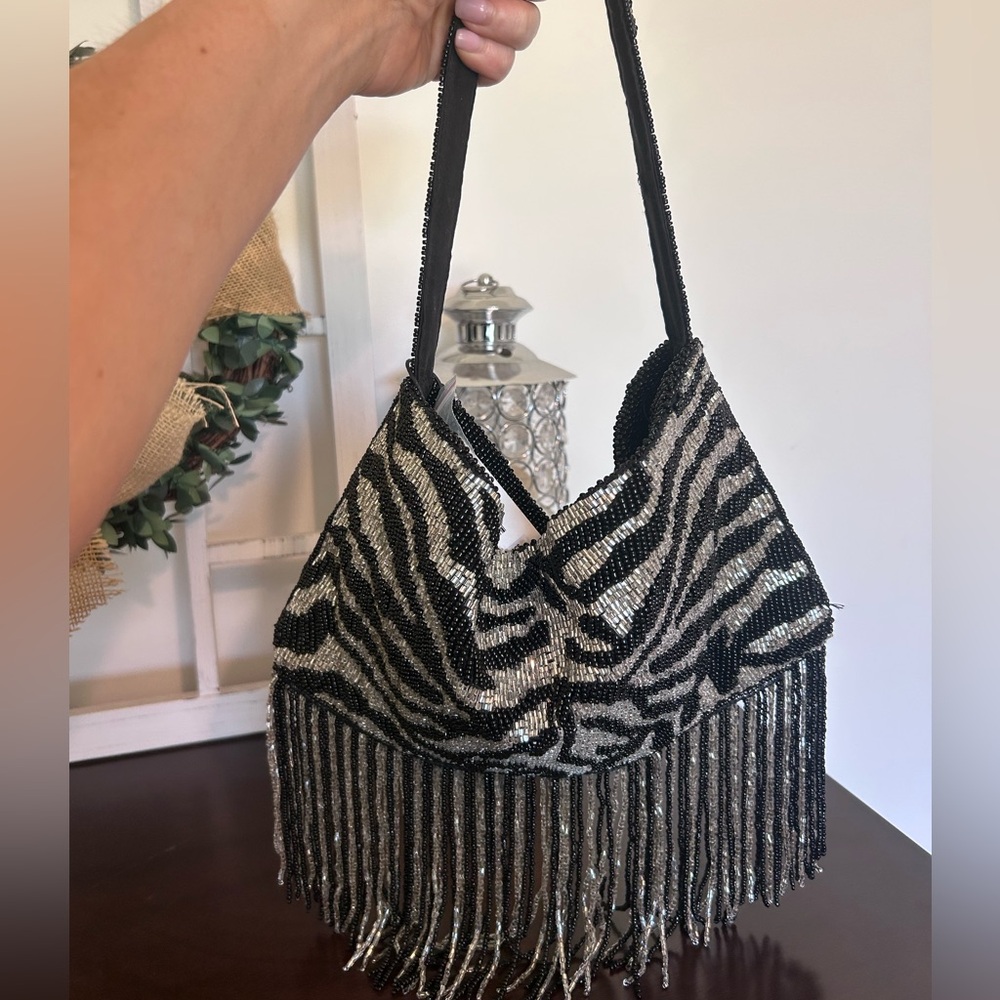 Zara Zebra Patterned Black and Silver Fringe Bag